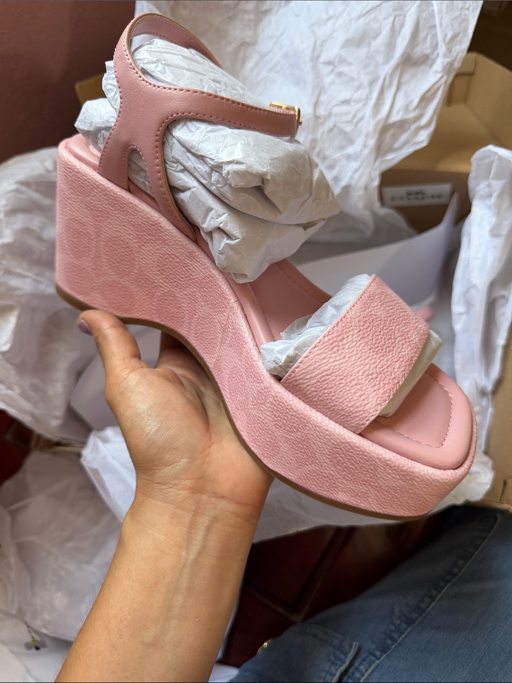 Coach Pink Platform Sandal with Gold Buckle - Picture 4 of 6